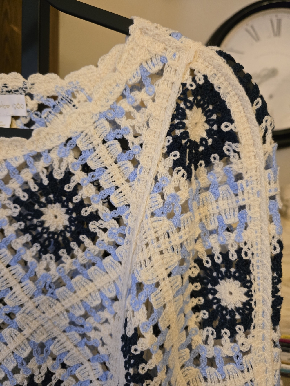 House of Harlow 1960 Crochet Sweater Blue Cream Granny Square Fringe Boho O/S - Picture 3 of 6